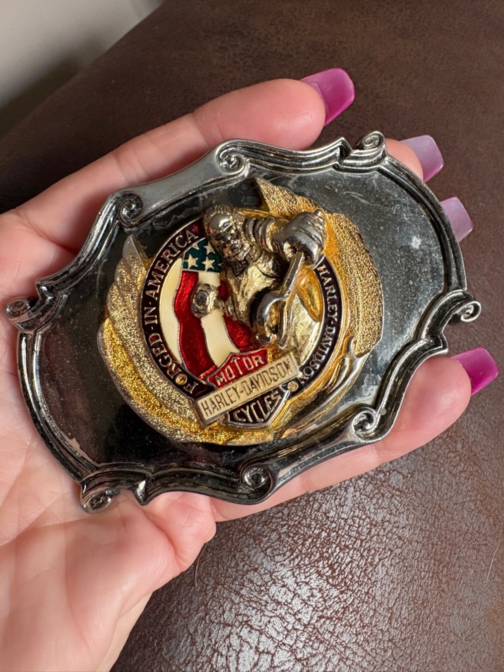 Vintage Harley-Davidson Silver and Goldtone Belt Buckle with Gold & Red Enamel